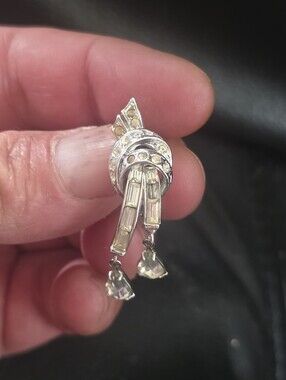 Vintage Coro Clear Rhinestone Brooch Pin W/ Dangle